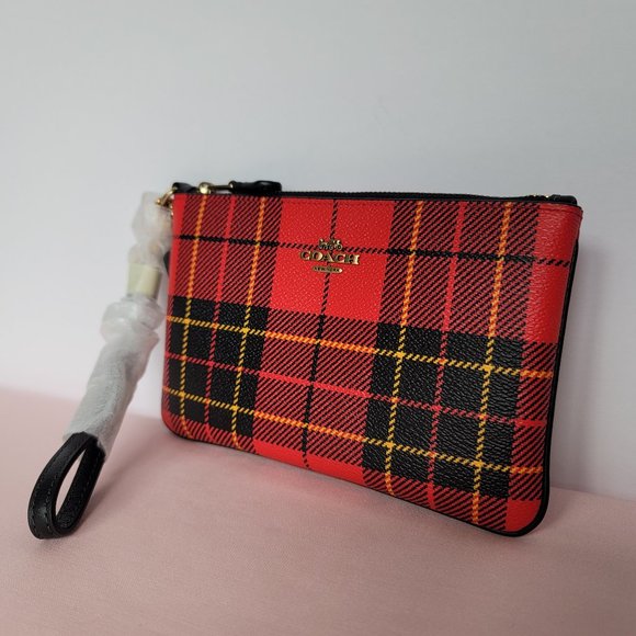 COACH Small Printed Plaid Coated Canvas Wristlet- Red Multi $75. ⭐ - Picture 5 of 16